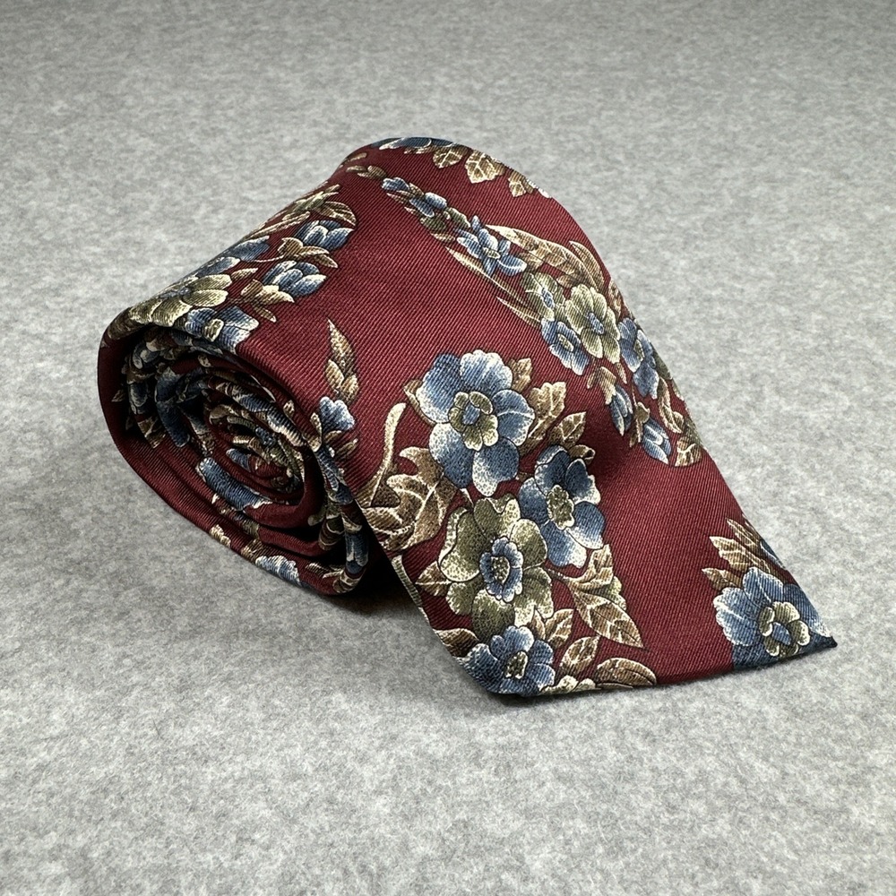 Oscar de la Renta Floral Tie Burgundy Blue Vintage 80s 90s Wide 57x3.75in NOTE